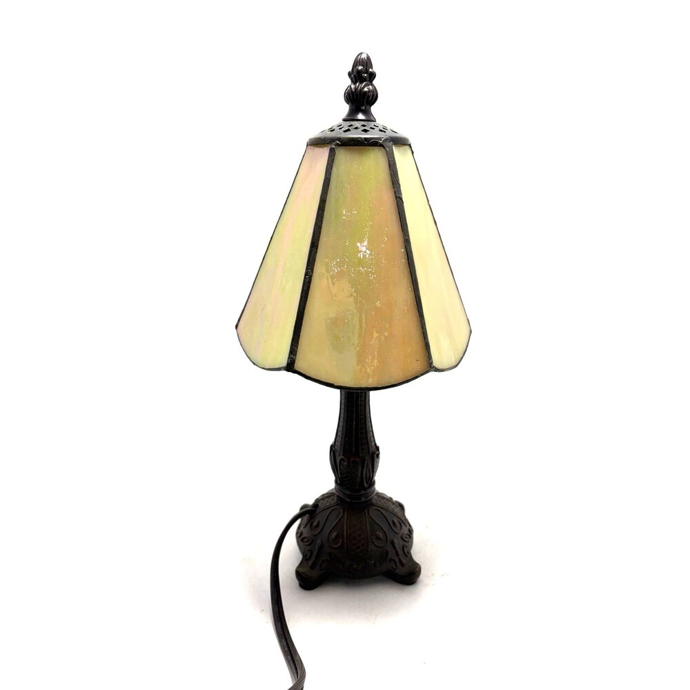 VTG Tiffany Style Bordois Lamp 12” Cream Stained Glass Cast Metal Bronze Base
